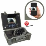 Mallette de caméra d'inspection ouverte, écran de contrôle, touret de câble et partage d'image Wi-Fi sur smartphone pour une recherche de fuite en piscine